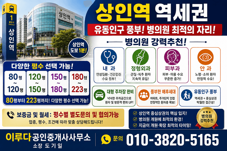 상인역역세권 병의원 내과 정형외과 피부과 안과 80평~223평까지 다양한면적 1